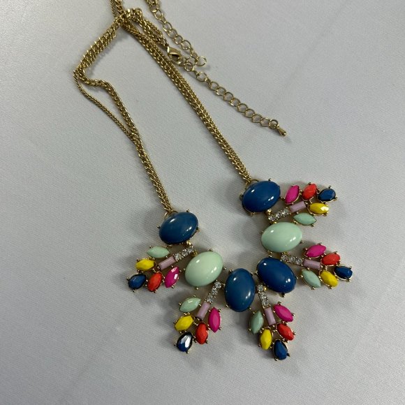 Bright Spring Colors Gold Tone Bib Necklace Double Chain Rhinestones 17-20" - Picture 2 of 11